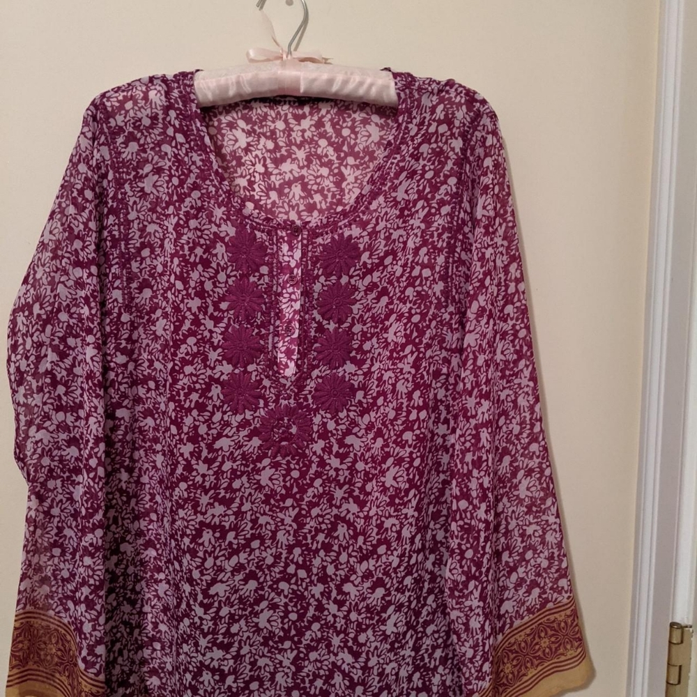 Nicole Miller Women's Purple White Boho Sheer Long Sleeve Top Size XL